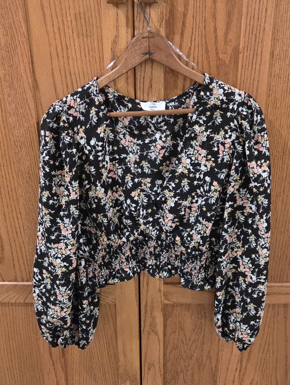 Entro Black Floral Smocked Waist Ruffle Blouse Size M